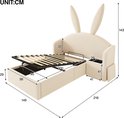 Technische tekening van een beige kinderbed met konijnenoren, met afmetingen en een openklapbaar bed.