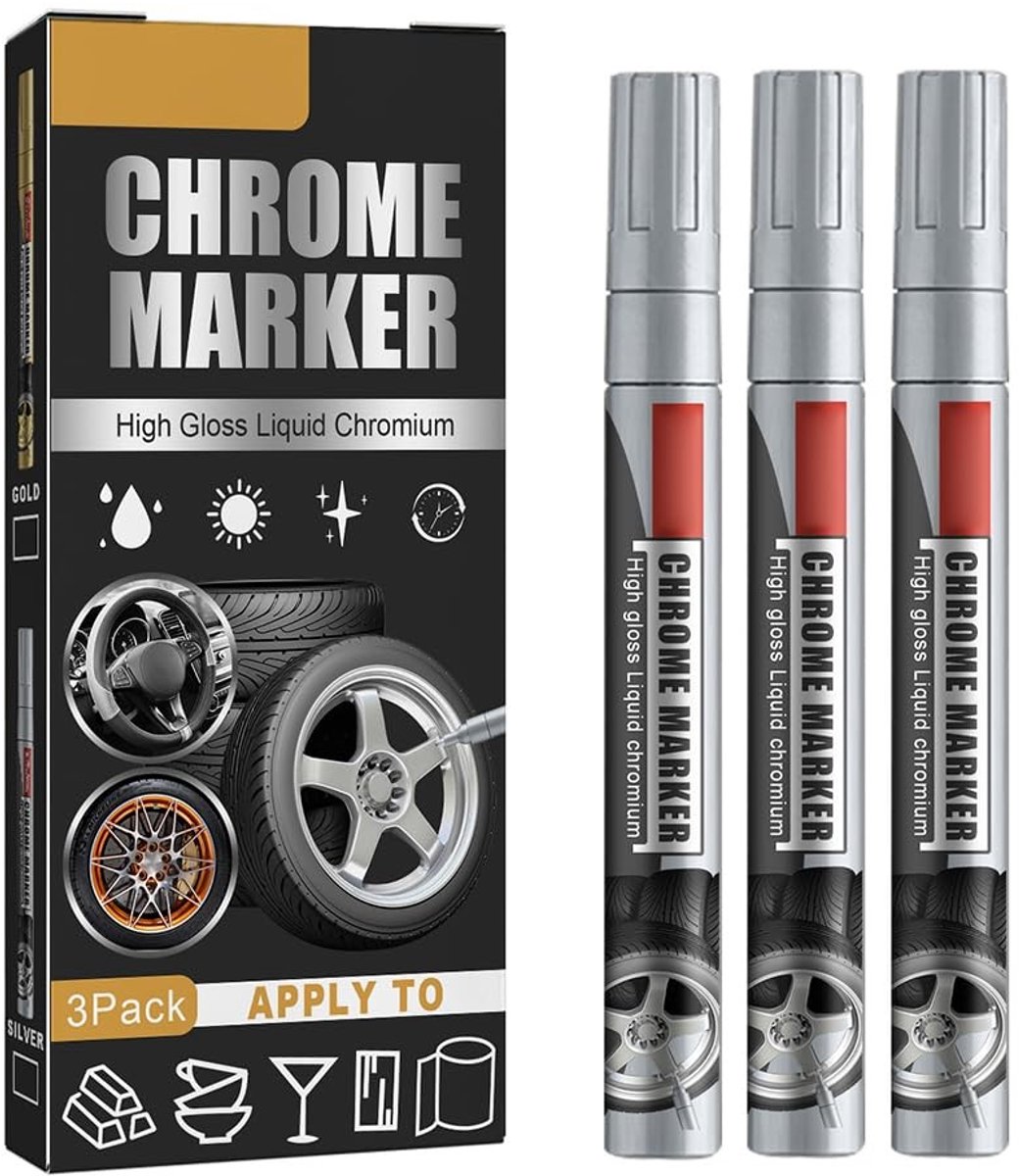 Dailygoods - Chrome Verfpen Set - Hoogglans Krassen Verwijderaar - Set van 3 voor Auto's - Eenvoudig in Gebruik - Professionele Afwerking - Geschikt v