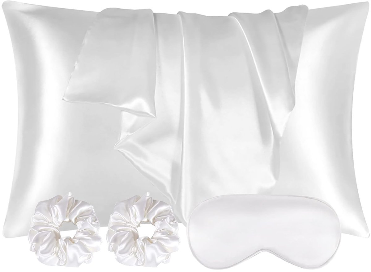 Dailygoods - Satijnen Kussenslopen - Slaapcomfort - 40 x 80 cm - Inclusief Haarbanden en Oogmasker - Bescherming voor Haar en Huid - Wit