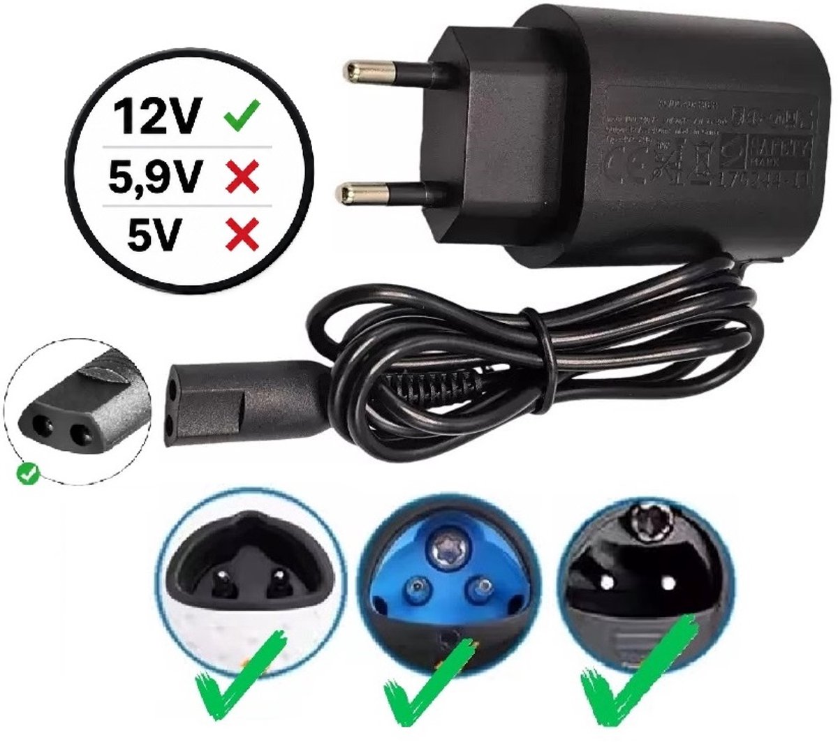 Adapter oplader 12V geschikt voor Braun scheerapparaten Series 1 3 5 7 9 met 1 meter kabel 100-240V