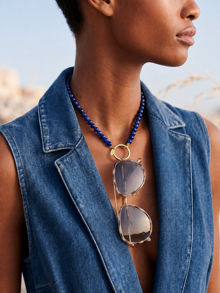 Ketting dames blauw-goud – keramiek kralen met 18K gold plated ring – halsketting accessoire | Sunny Cords
