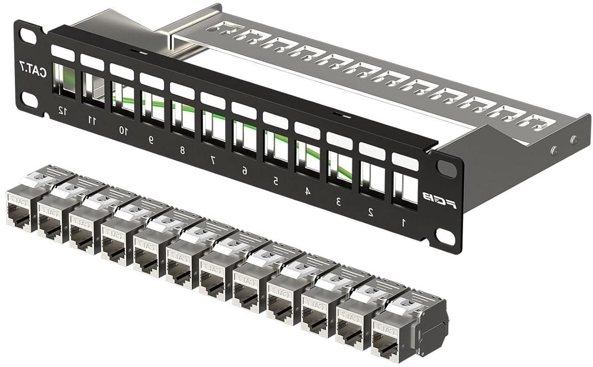 Patchpaneel 12 poorten - Netwerk paneel - Netwerk installatie - Afgeschermde CAT7 modules - 19 inch - Zwart