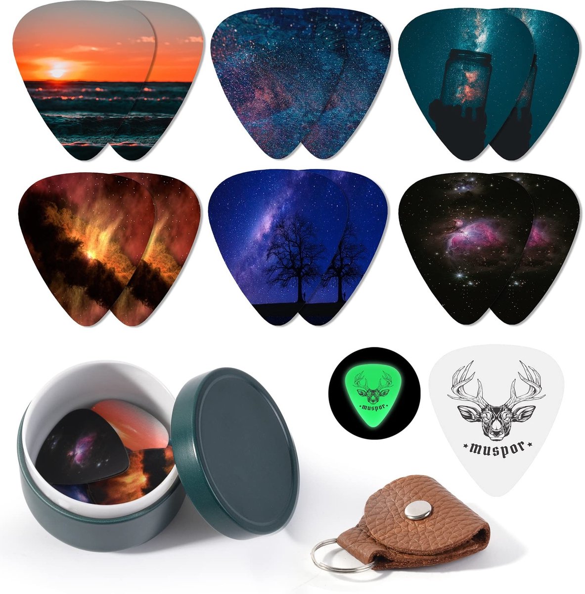 Store_9 - Alnicov plectrums - Medium gauge plectrums - Perfect voor gitaristen - Natuurlijke afbeelding - 13 plectrums met houder - Geschikt voor b...