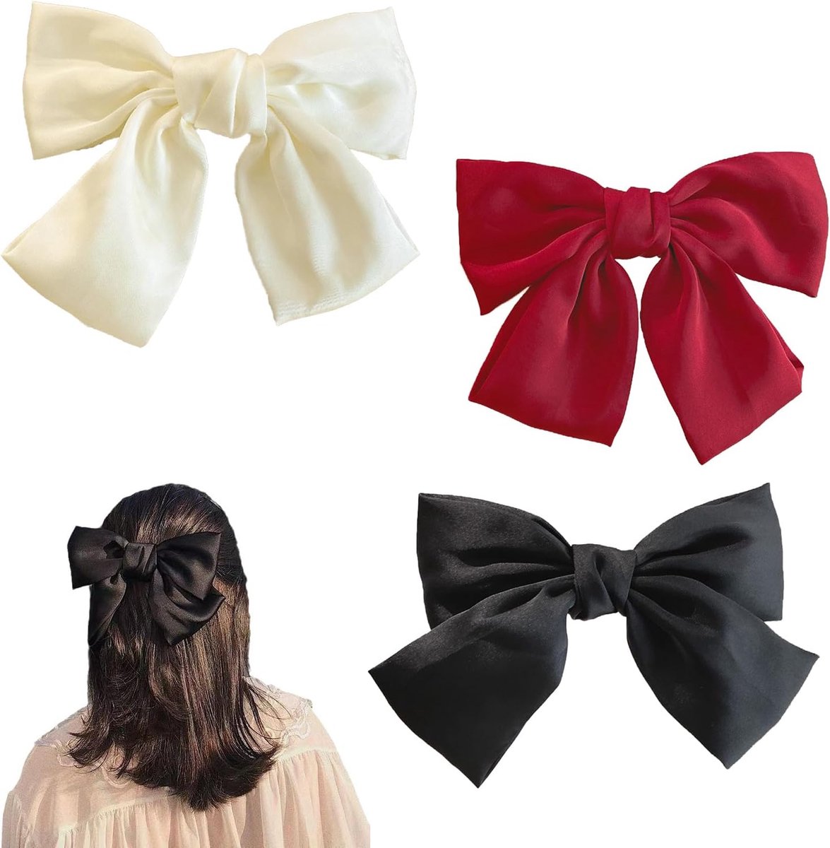 3 Pcs Grote Haar Bows voor Vrouwen - Haarclips met Divider Clips - Zwart Rood Wit