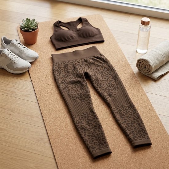 Koffie bruin sport legging dames - high waist fitness legging met luipaardprint - elastische yoga legging met aansluitende pasvorm - sport broek voor fitness yoga training en hardlopen - maat M van Merkloos — afbeelding 2
