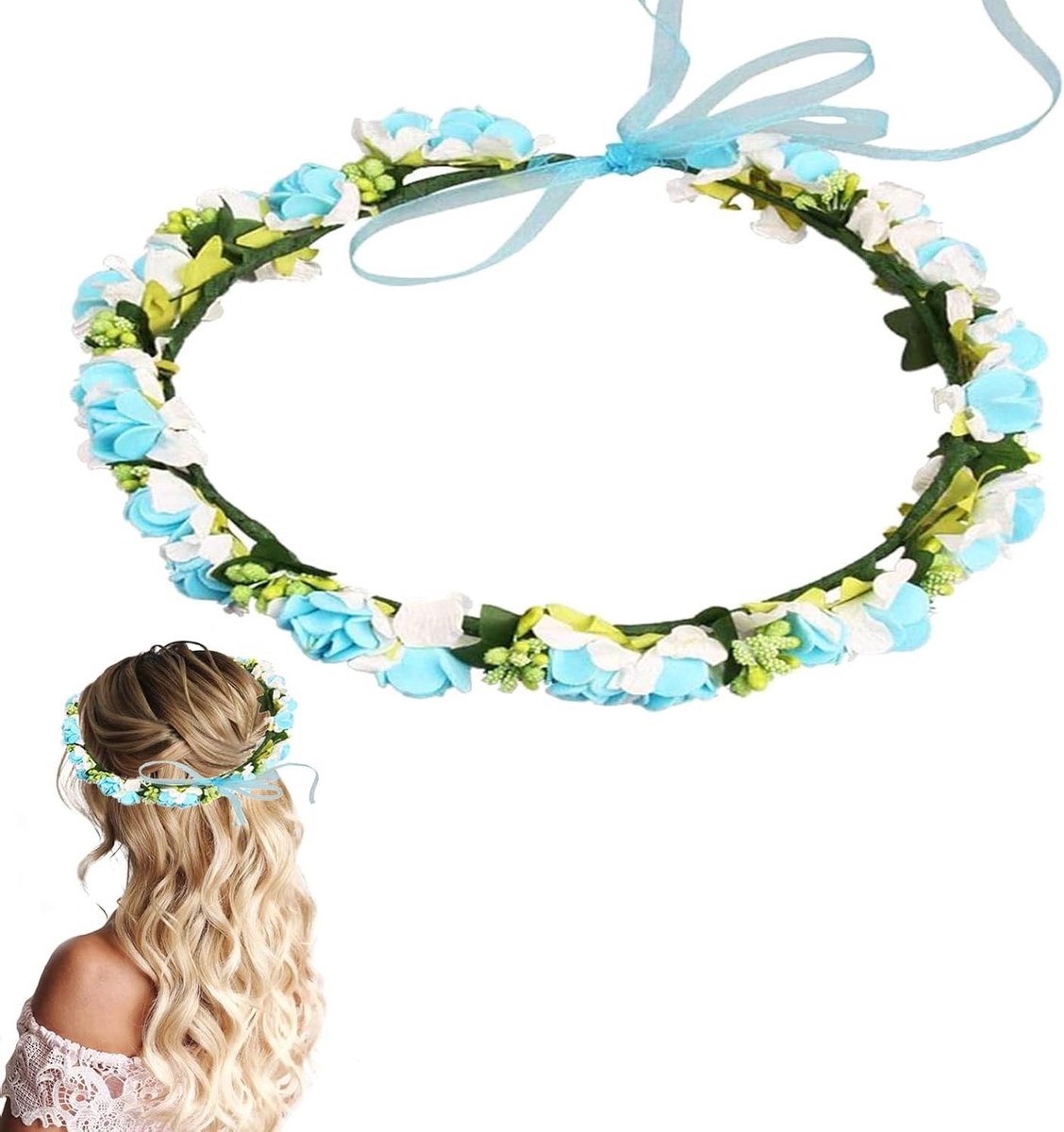 Bloemenkroon Hoofdband - Bloemenmeisje Accessoire - Festival Aankleden - Verstelbare Lintsluiting - 17 cm Diameter - Blauw