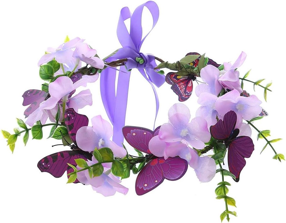 Bloemen Kroon - Bloemen Hoofdband - Feestelijke Gelegenheid - Handgemaakt Verstelbaar - One Size - Paars
