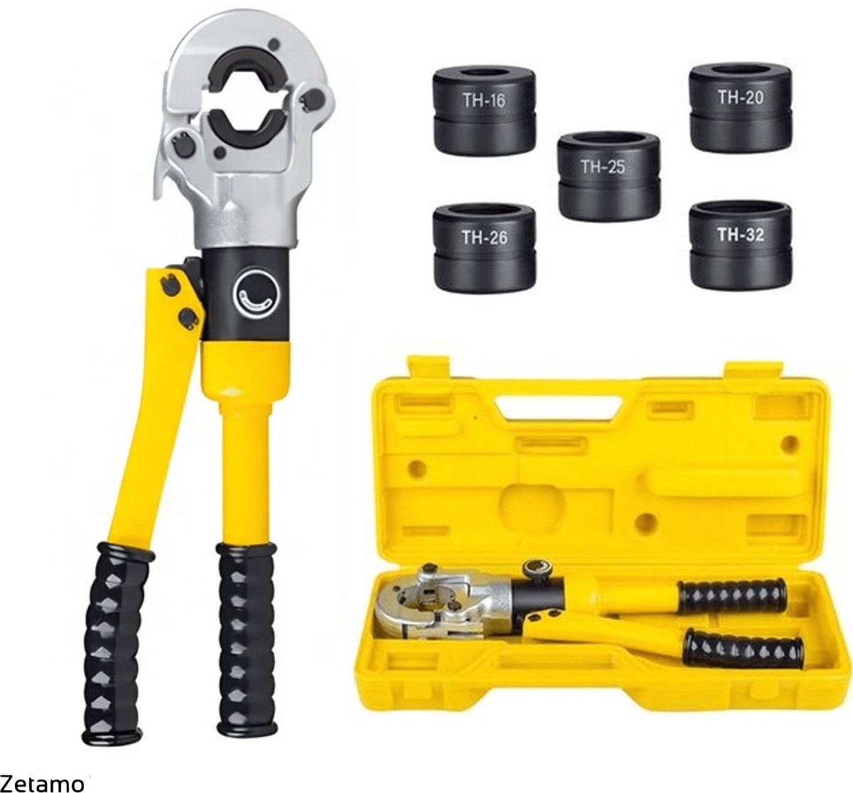 Zetamo Hydraulische Perstang TH Set – 5 Gehard Stalen Persbekken TH16 TH20 TH25 TH26 TH32 – Krimptang – Perstang Waterleiding – Perstang voor Persfitting – Geschikt voor Henco & Alpex – Loodgieter – 1 Jaar garantie