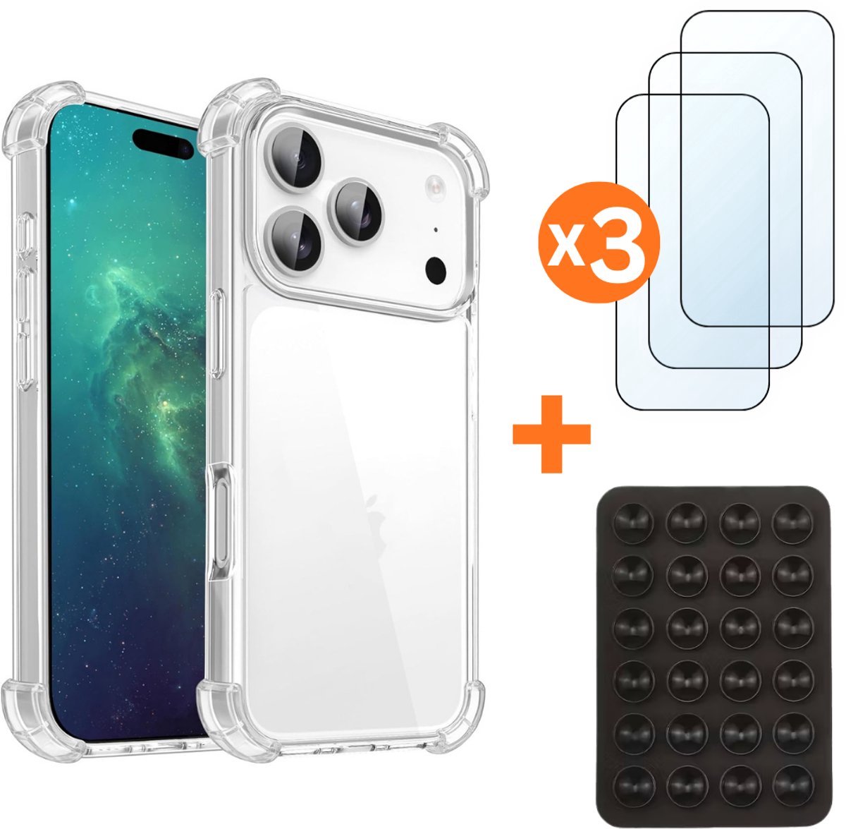 3-in-1 Voordeelpack: Hoesje geschikt voor Apple iPhone 15 Transparant - incl. 3x Screenprotector & Zuignap - Siliconen Shockproof Backcover