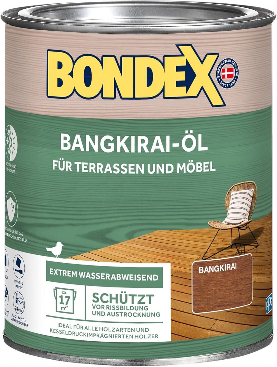 Bondex Bangkirai Olie 0,75 L voor 17 m² | Extreem waterafstotend | Beschermt tegen scheuren en uitdroging | Ademend | Mat | Houtolie | Houtbescherming