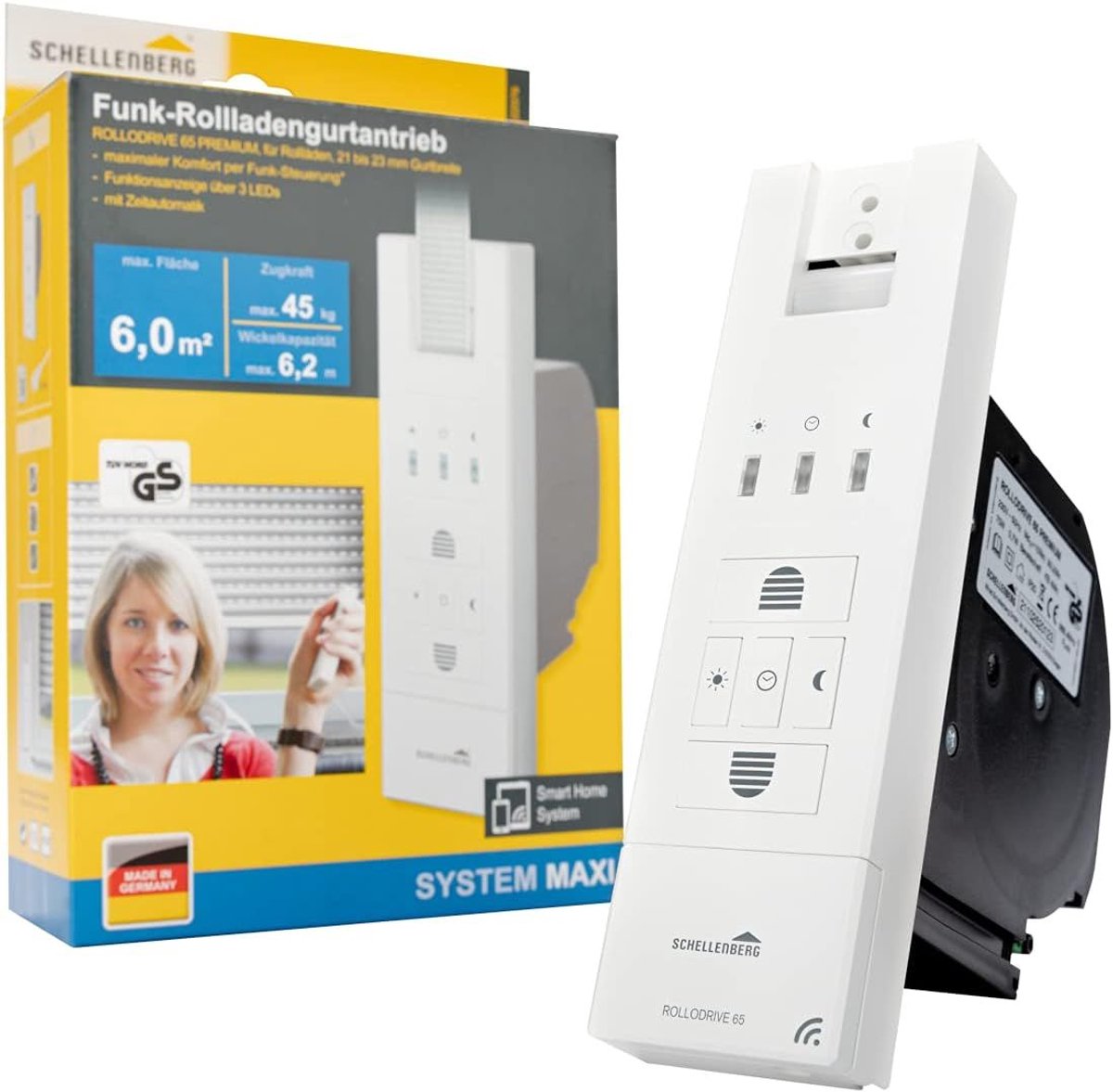 Schellenberg 22767 Elektrische bandoproller met radiografische besturing RolloDrive 65 Premium, geschikt voor smart homes, radiografische bandoproller voor rolluiken tot 6 m², 45 kg trekkracht, inbouwmontage, incl. stekker