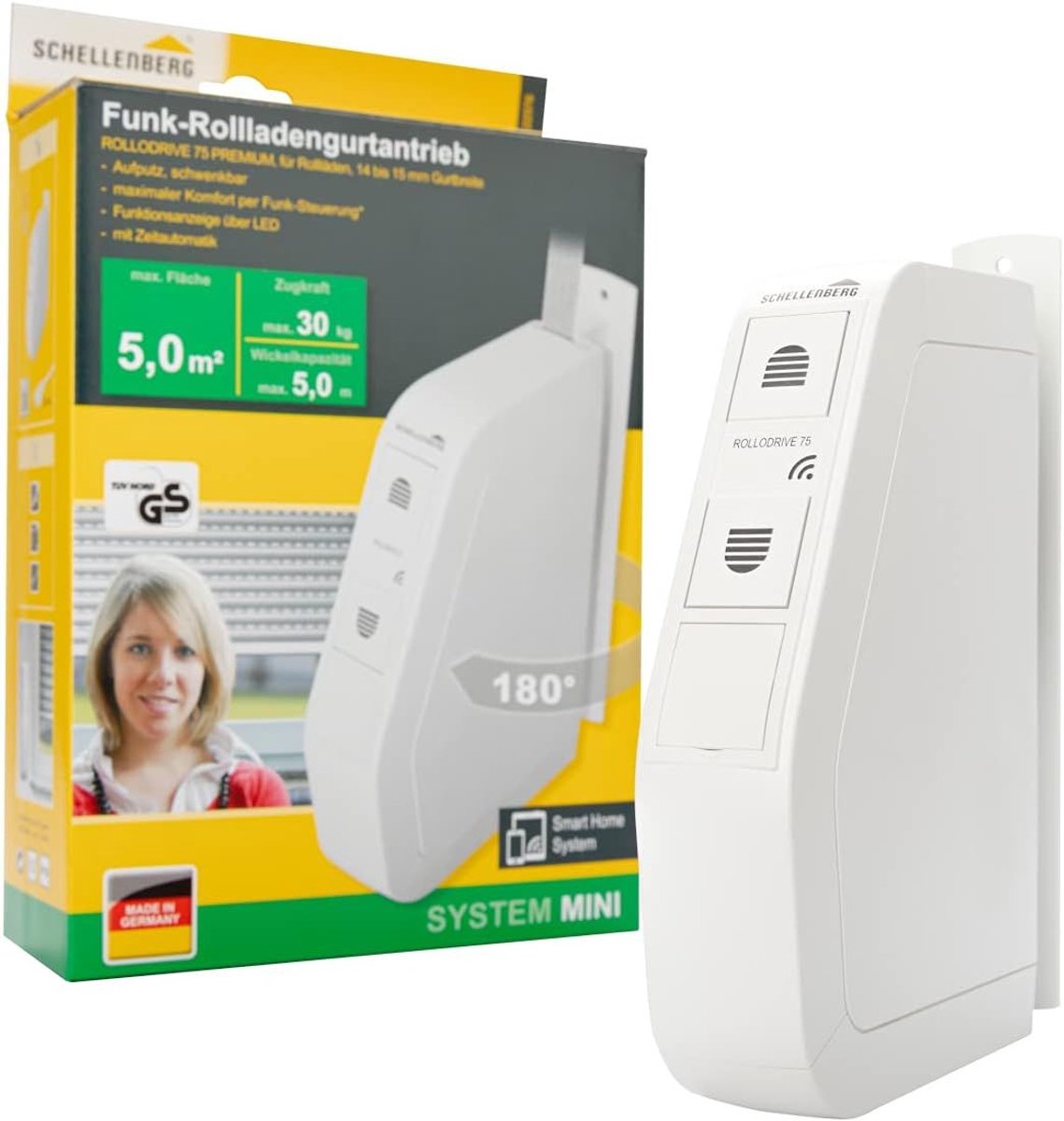 Schellenberg 22576 Elektrische bandoproller met radiografische besturing RolloDrive 75 Premium, geschikt voor smart homes, radiografische bandoproller voor rolluiken tot 5 m², 30 kg trekkracht, inbouwmontage, incl. stekker