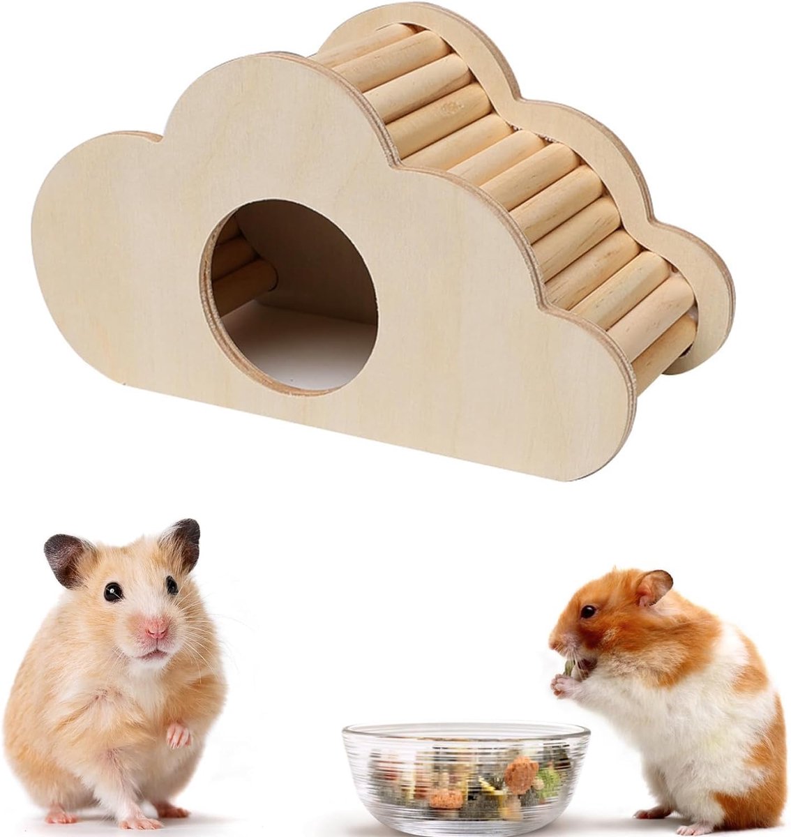 carmdering - Huis - Klimspeelgoed - Kauwspeelgoed - Wolkvormig houten huisje met ladder - Handgemaakt, glad en veilig - Halfopen schuilplaats, comfortabel - Geschikt voor hamsters, gerbils, chinchilla's en papegaaien
