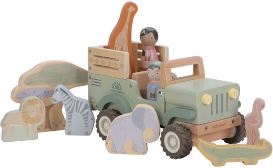 Houten speelgoedauto met safari-thema, inclusief figuurtjes van dieren en poppetjes.