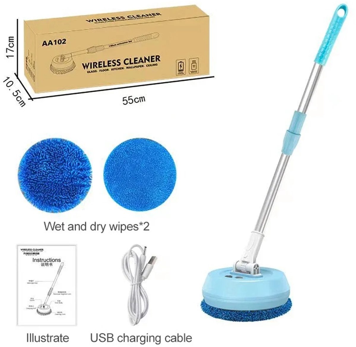 DIMICO - Elektrische Dweil – Reiniger - Draadloze Spin Mop - Vloerreiniger - Raamreiniger– Nat & Droog – Telescopische Steel – USB Oplaadbaar – Vloer, Ramen & Auto