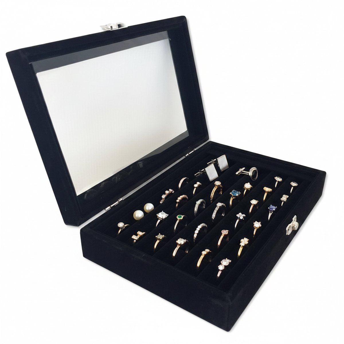 Ilènne - Sieradendoos Ringen & Oorbellen – Luxe Velours Ringendoos met Deksel – 7 Sleuven – Organizer voor 35-42 Ringen & Manchetknopen – Cadeau voor Haar