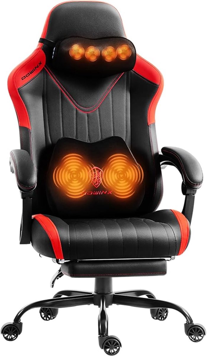 Dowinx ergonomische bureaustoel/gamingstoel – ademend echt leer – massagefunctie – met lendensteun en neksteun – met zitkussen met extra dikke veerkern – draagvermogen tot 150 kg – zwart,rood