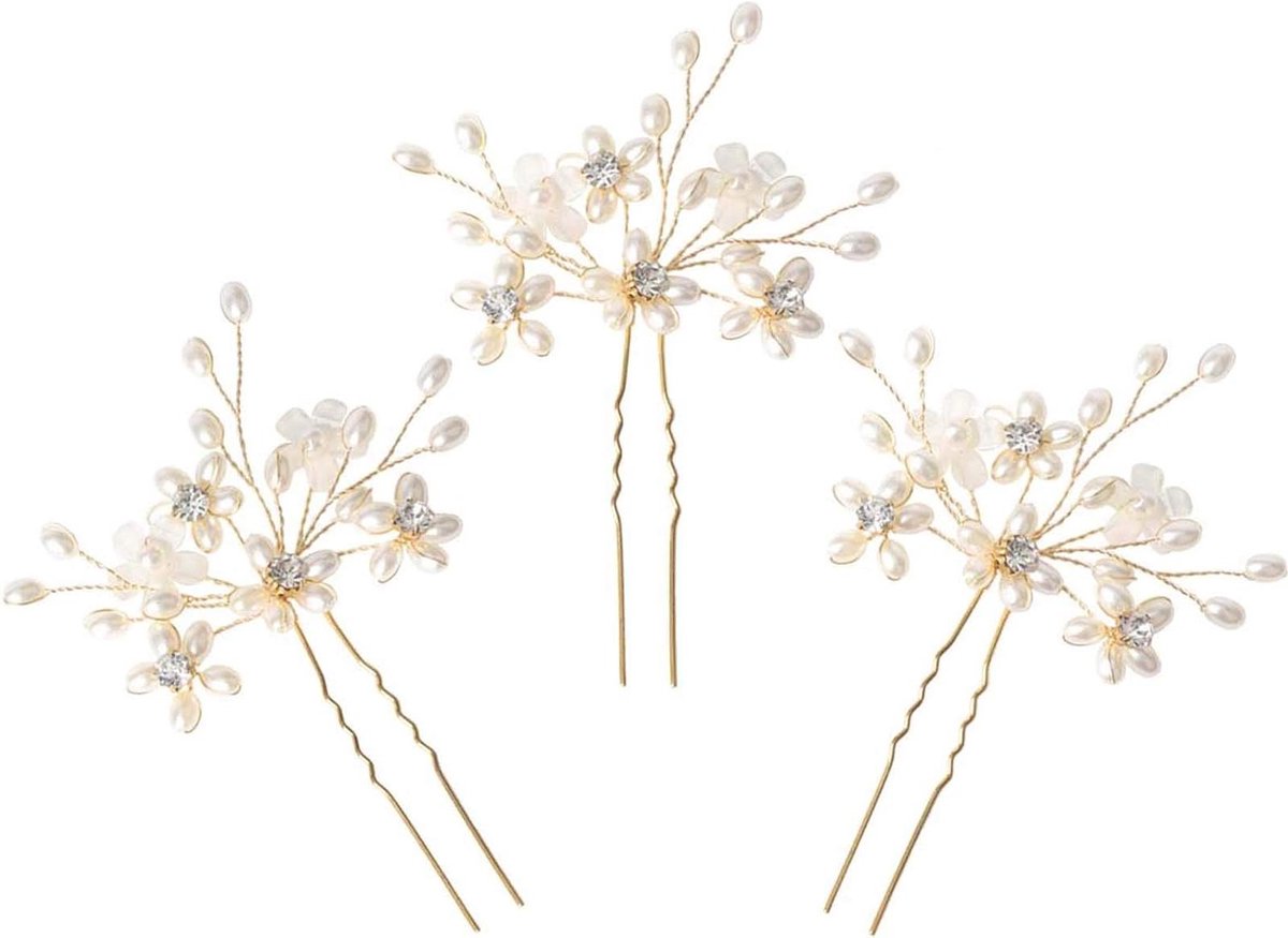 Bruiloft haarspelden - Parel bloemen - Bruids kapsel - Buigbaar bloem design - 3 stuks - Goud