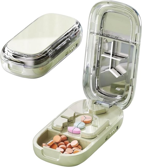 Coupe-pilule - coupe-comprimés avec lame en acier inoxydable - division précise des petites et grandes pilules - portable pour un usage quotidien, les voyages et les déplacements - vert