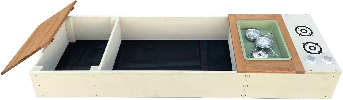AXI Pippa Zandbak met speelkeuken en opbergbank 160 x 50 cm Beige/bruin – FSC 100% hemlock hout – Met Zand en Waterbak – Met 6-delige Speelgoed Kookset – Met Hoes en Grondzeil – 10 jaar garantie — afbeelding 3