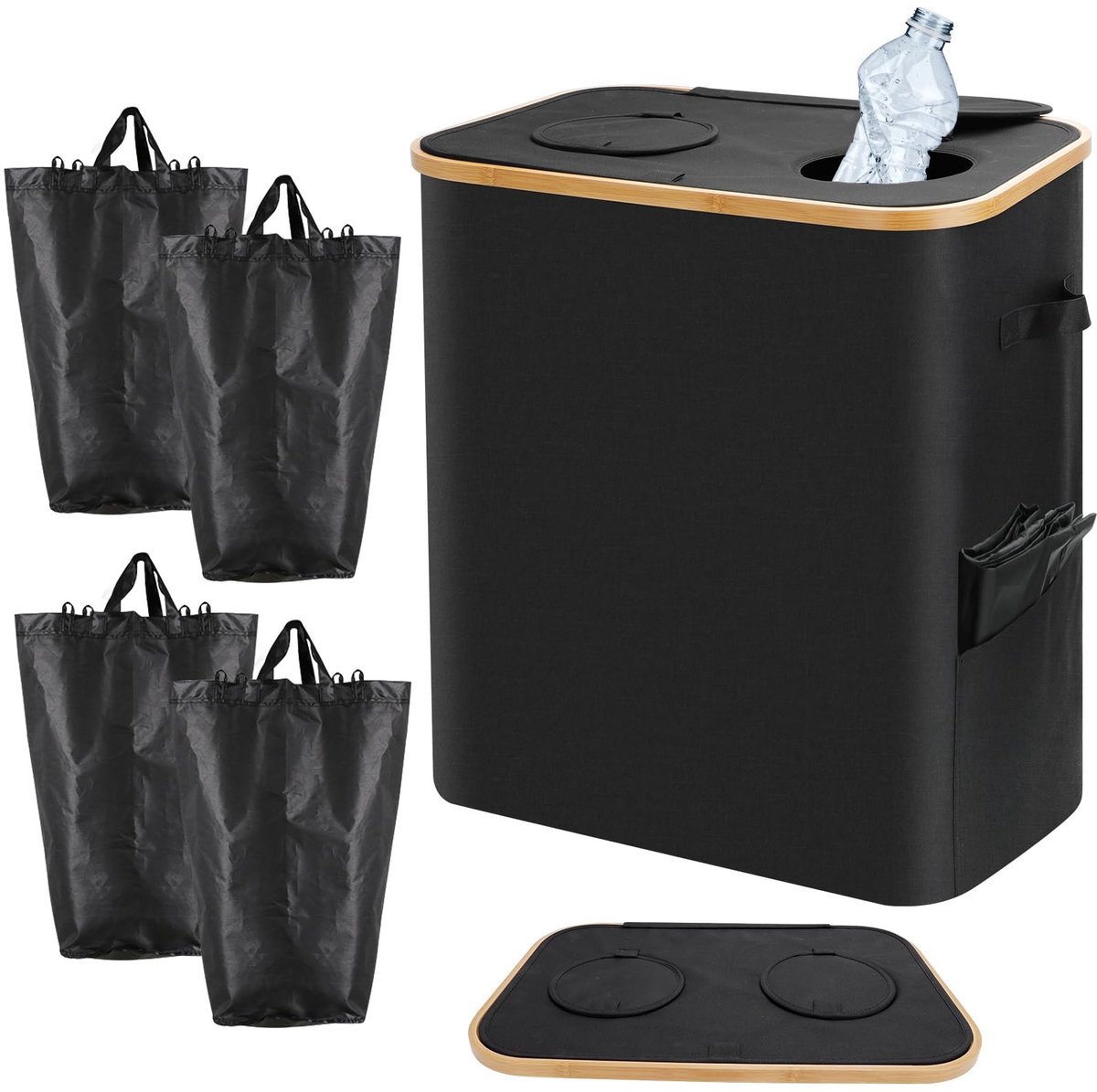 aladdien - Recycling Bin - Afvalscheiding - 140 L met deksel - Zwart - Flesseninzamelaar - Geschikt voor keuken - 2 compartimenten