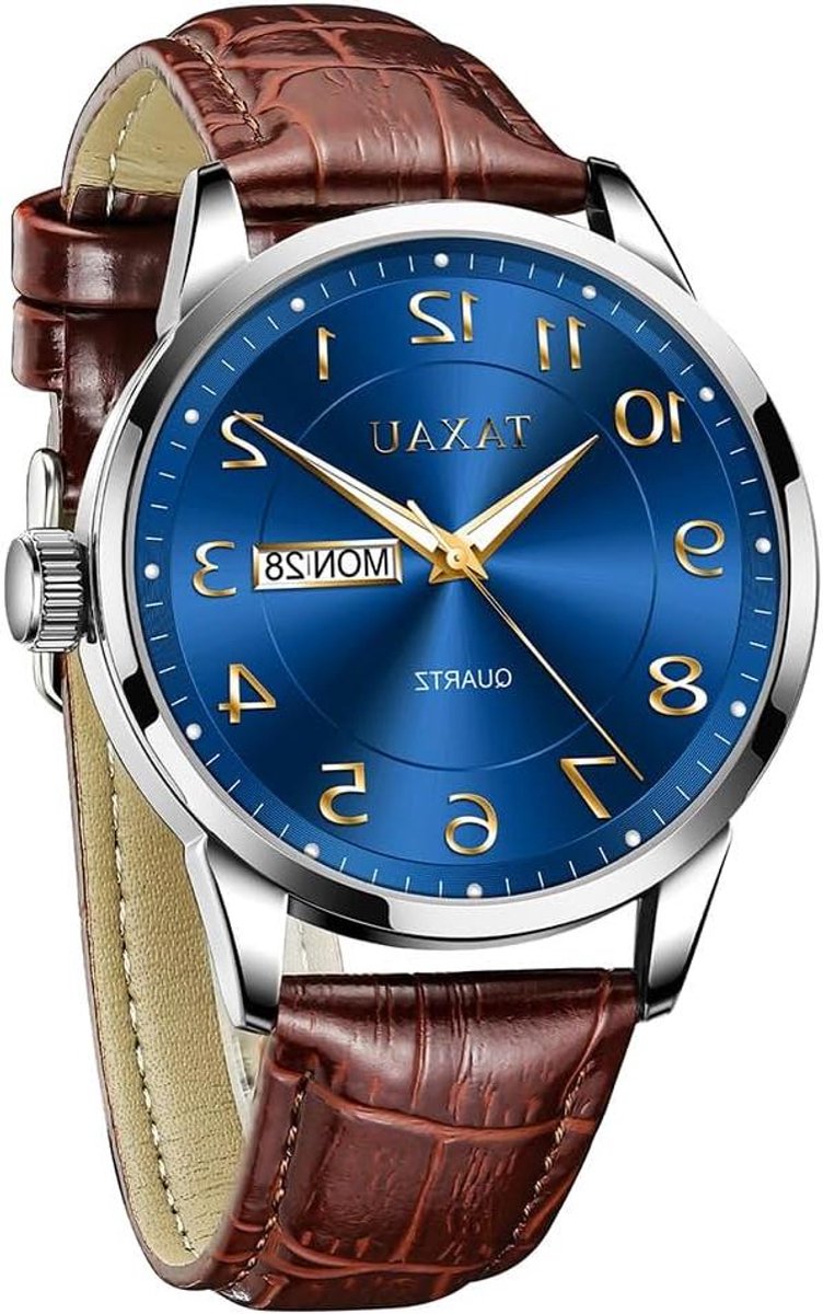 Heren Horloge - Leren Band - Dagelijks Gebruik - Grote Wijzerplaat - 4 cm Diameter - Blauw