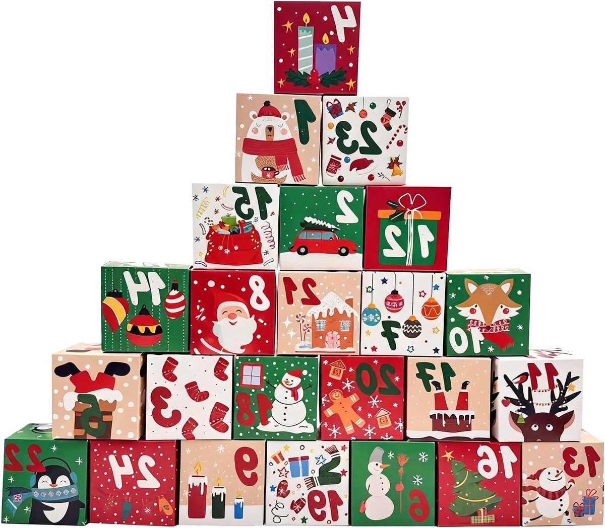 Vulbare Adventskalender met 24 Dozen in Feestelijke Kerstmotieven voor Kleine Cadeaus, Chocolade en Verrassingen