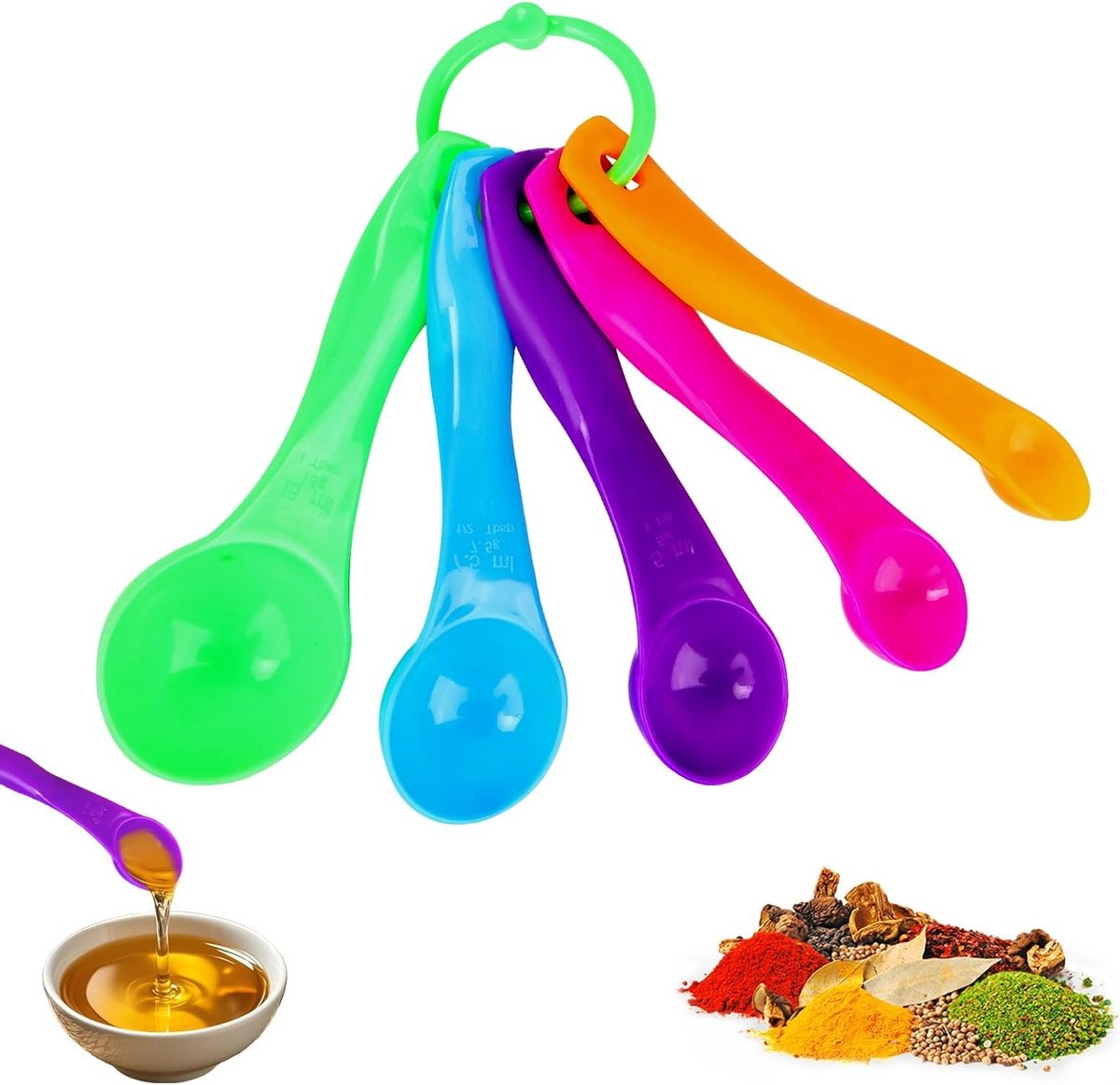 Set van 5 gekleurde maatlepels voor nauwkeurig afmeten van ingrediënten, ideaal voor koken en bakken, inclusief 1ml, 2ml, 7ml, 10ml en 15ml maten