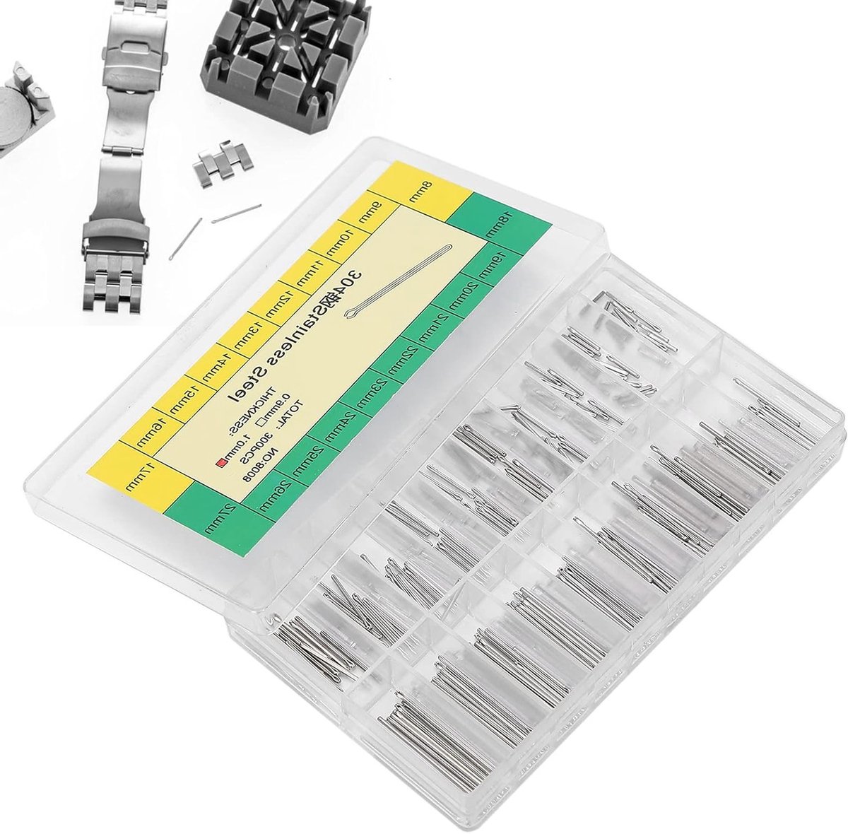1mm Horlogeband Armband Split Pennen, RVS Horloge Onderdelen Assortiment 8-27mm Horloge Reparatie Accessoires voor Horlogemakers en Doe-Het-Zelf Klussers