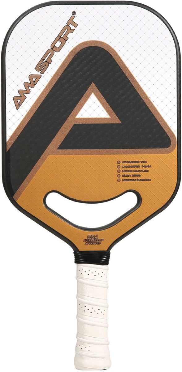 Pickleball Paddle PP001-3KW Wit/Goud – 3K Carbon – 20 mm Kern – Aero-DuraEdge & Air Dynamic Throat – AMA Sport