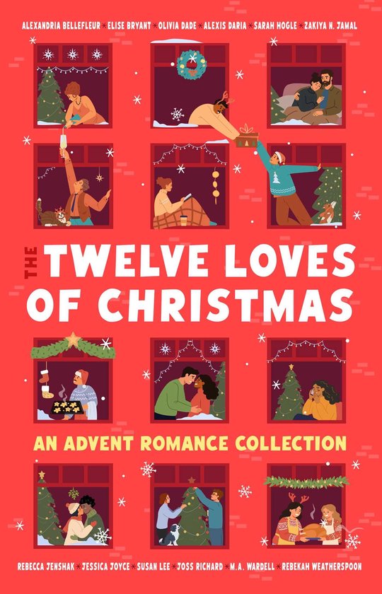 De cover van "The Twelve Loves of Christmas" toont negen kersttaferelen in ramen, met de titel "The Twelve Loves of Christmas" en "An Advent Romance Collection".