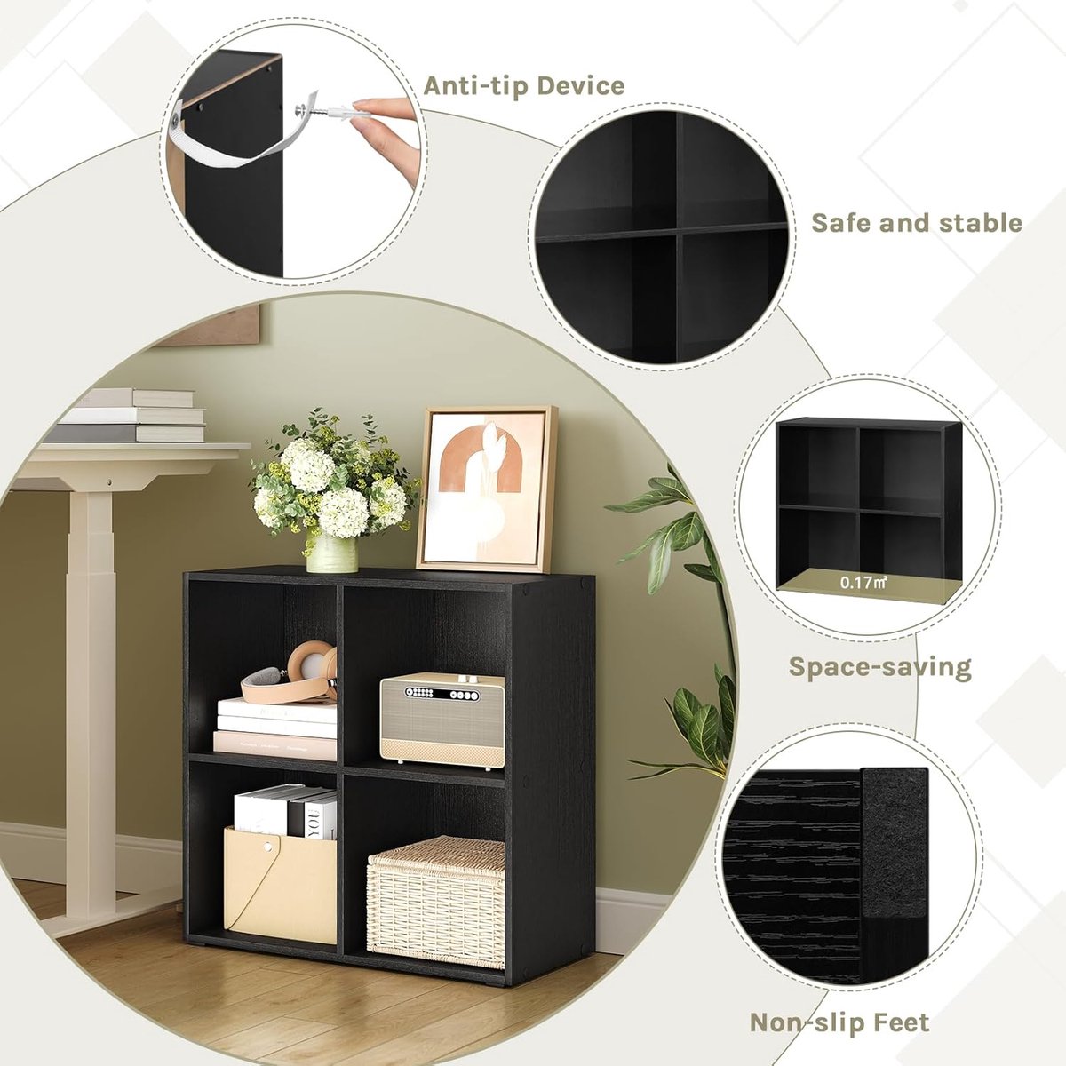 Boekenkast met 4 vakken – Kubus wandrek/opbergrek 59,8 x 59,6 x 29 cm – Scandinavische ruimteverdeler licht eiken – Staand of wandmontage – Kantoorkast/opbergkast – ABTkantoor