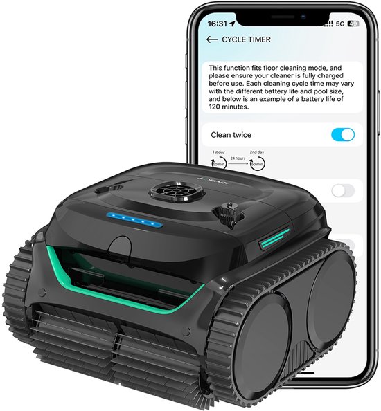 Zwarte WYBOT C2 zwembadrobot naast een smartphone met de app 'Cycle Timer'.