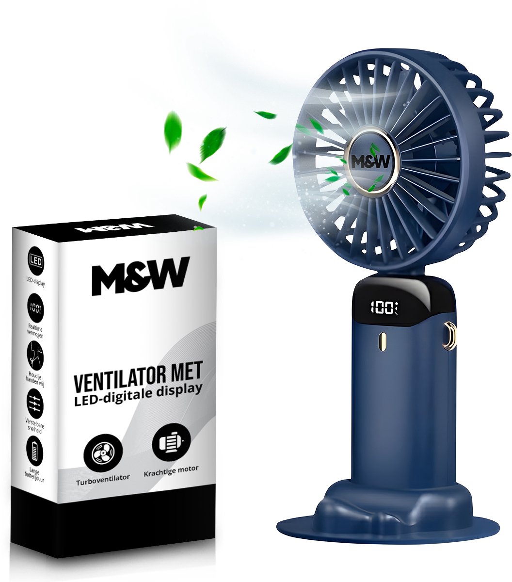 M&W Draagbare Elektrische Hand Ventilator - Airco Verkoeling - Mini Tafelventilator - 5 standen USB Oplaadbaar - Zomer Cadeau Blauw