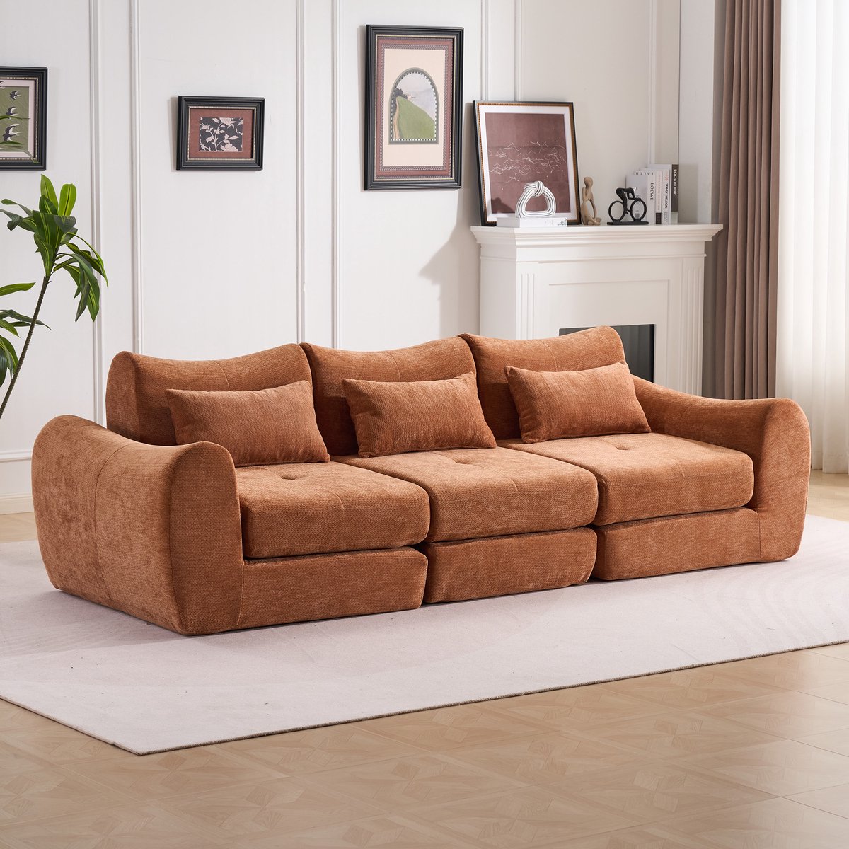 Multifunctionele Chenille Slaapbank – Opvouwbaar – Geschikt voor 3 Personen – Met 3 Kussens en Armleuningen – Comfortabel 3-in-1 Ontwerp – Te Gebruiken als Sofa, Ligstoel en Logeerbed – Ideaal voor Appartementen of Kleine Ruimtes – Oranje