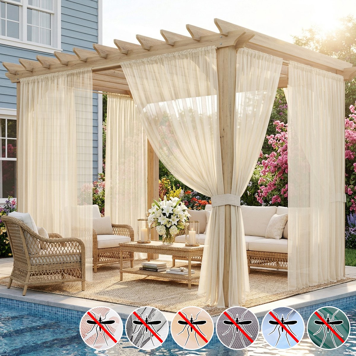 MUPOO DIY extra Breed 320cm VliegenBuitengordijn & Anti-Muggen Buitengordijn Kant en Klaar met Tunnel (Roede/Touw) - Fijnmazig Insectennet -Op Maat te Knippen - Klamboe voor Tuin, Balkon & Deur - Luchtig - Zwart - 320x305cm Beige-1 stuck