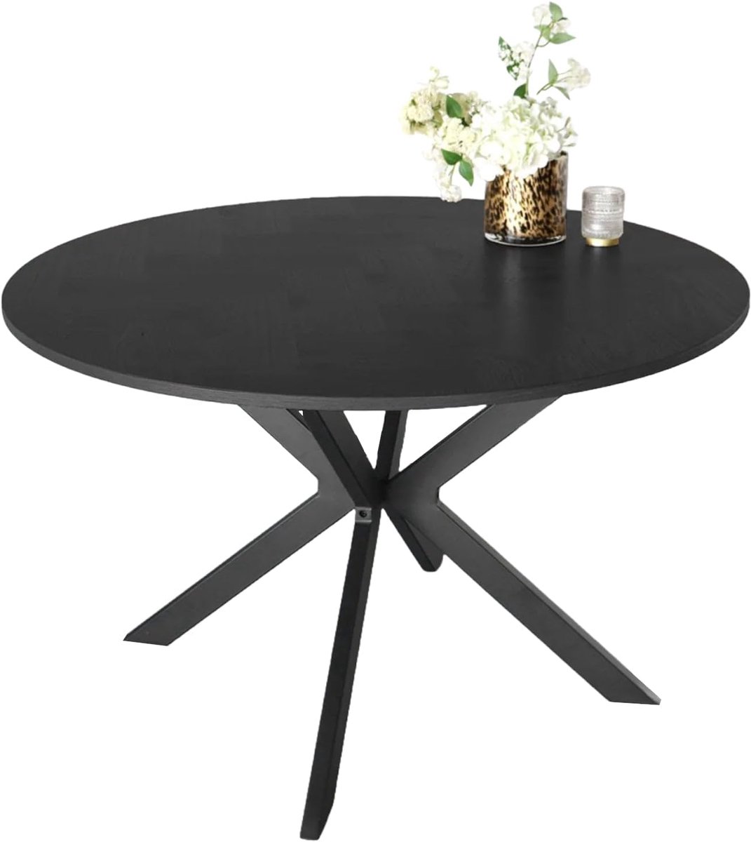 House&Garde Industriële Ronde Eettafel Ozzy Zwart Visgraat – Luxe Eiken Look Tafel van MDF met Metaal – Ø 120 cm x 76 cm – Modern Design voor 4-5 Personen