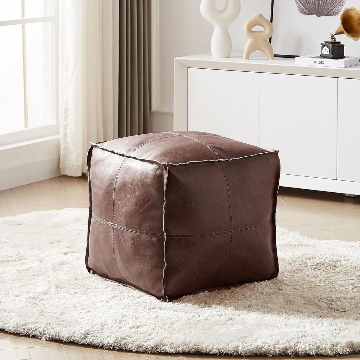 Leren Poef - Voetenbank Ottoman - Comfortabel Zitten - Milieuvriendelijk Materiaal - 45x45x45 cm - Bruin
