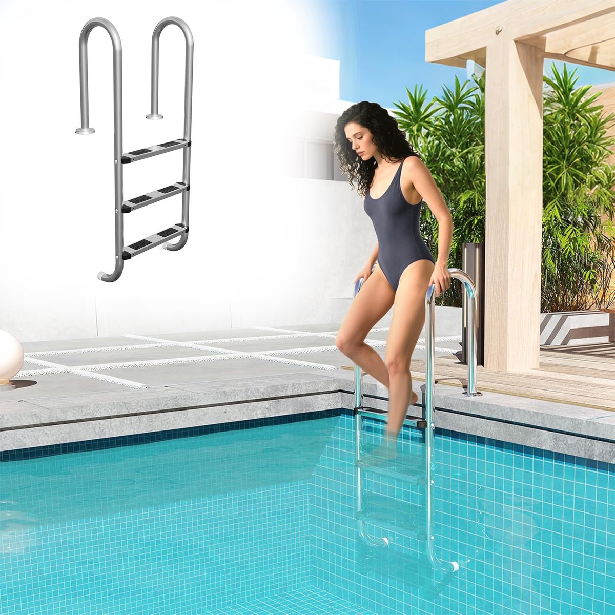 Aufun Opvouwbare RVS 304 Zwembadladder - Zilveren - 3 Treden - Instaplader 150kg Draagvermogen - Antislip Veiligheidsladder