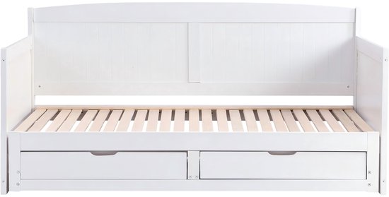 Wit slaapbank met twee lades aan de voorkant en een uitschuifbaar bedframe.