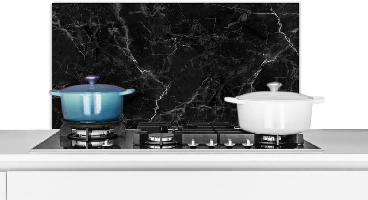Keuken Spatscherm - Wandpaneel - Bescherming Kookplaat - Luxe Marmerlook - 90x45 cm - Zwart Wit
