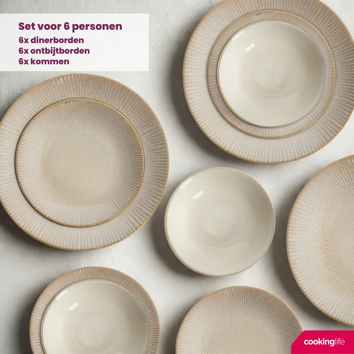 Cookinglife Serviesset Coastal Lines Ocean Beige 18-delig - Servies Set 6 Personen - Modern Design Aardewerk - Vaatwasser- & Magnetronbestendig — afbeelding 3
