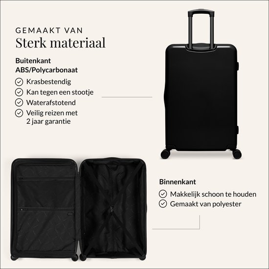 Zwarte koffer, geopend om het interieur te tonen, met informatie over materiaal en garantie.