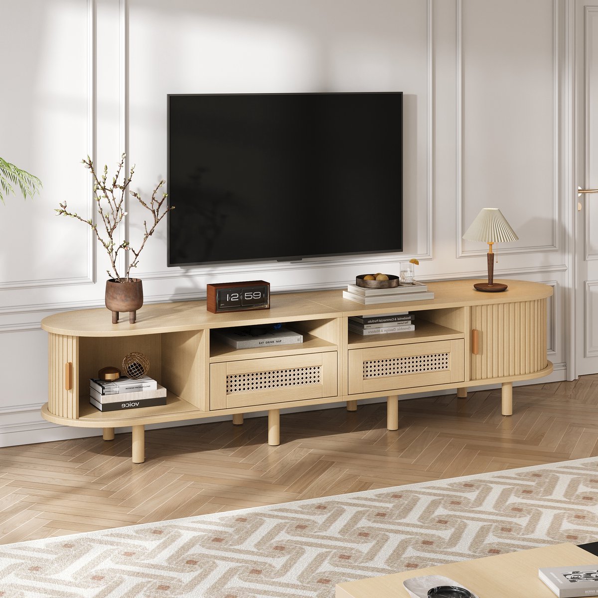 MIVRAY Tv Meubel - Ovaal Met Rattan Lades En Schuifdeuren - Voor Woonkamer - MDF En Houten Poten - 170x40x40 Cm Houtkleur