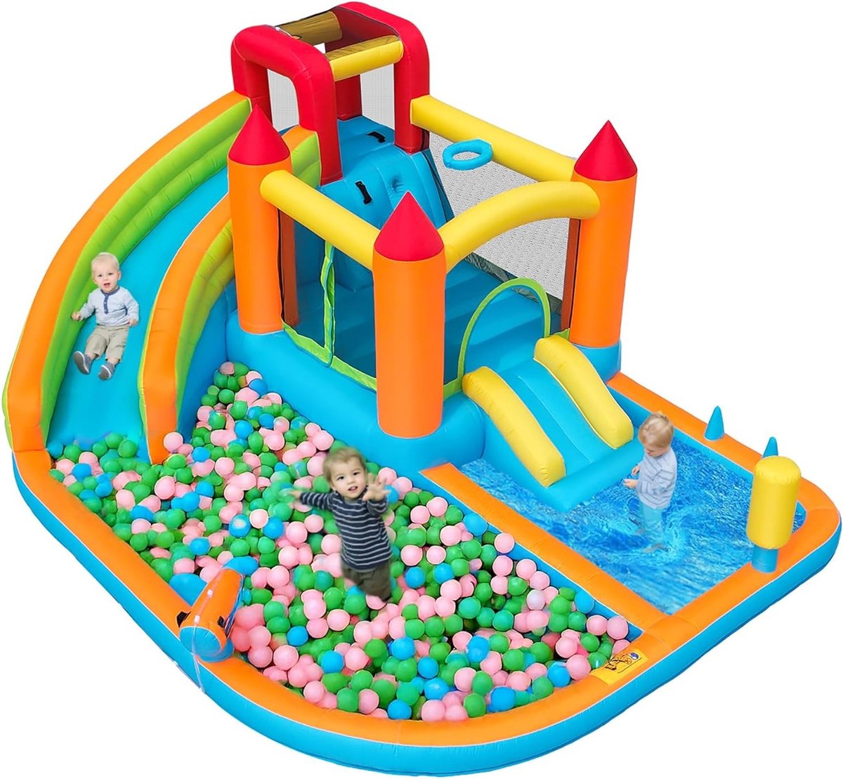Opblaasbaar springkasteel met waterglijbaan en trampoline, 460 x 343 x 190 cm, kindvriendelijk waterpark met kinderbad, basketbalring en waterpistolen, ideaal voor tuin en binnen, geschikt voor kinderen vanaf 3 jaar