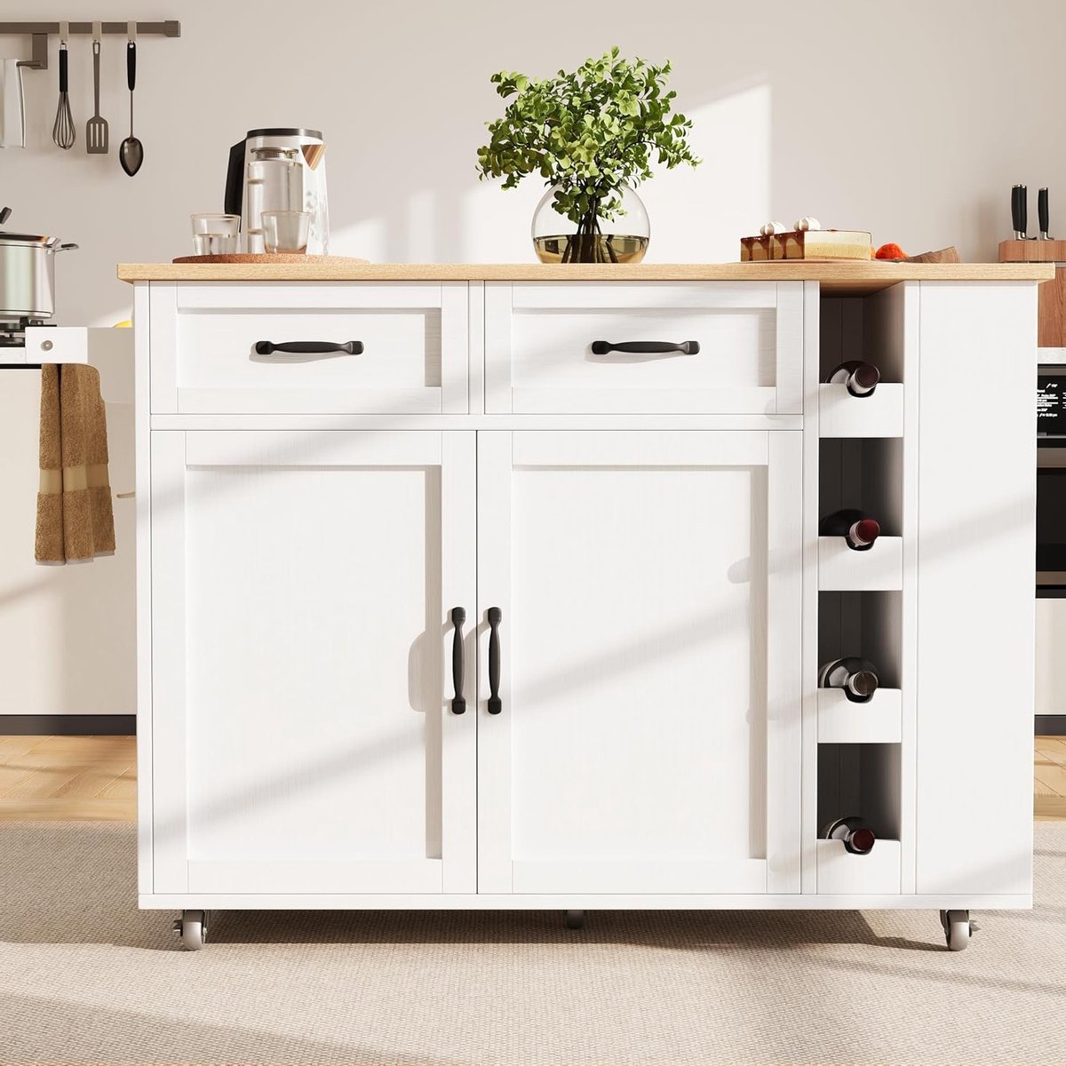 Keukeneiland met stekkerdoos en uittrekbaar werkblad: mobiele keukentrolley, wit, 2 laden, 6 vakken, wijnrek, buffetkast op wielen, multifunctioneel, ruimtebesparend, 131,5 x 43 (76) x 90,7 cm
