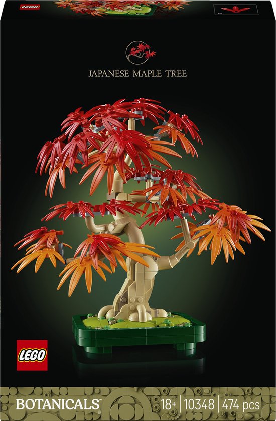 LEGO Japanse esdoorn bonsaiboompje met rode en oranje bladeren op een groene pot.