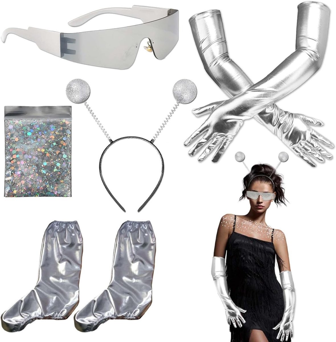 5-delig alien kostuumset - Ruimte kostuum met alien hoofdband en bril - Ideaal voor Halloween, cosplay en carnaval evenementen