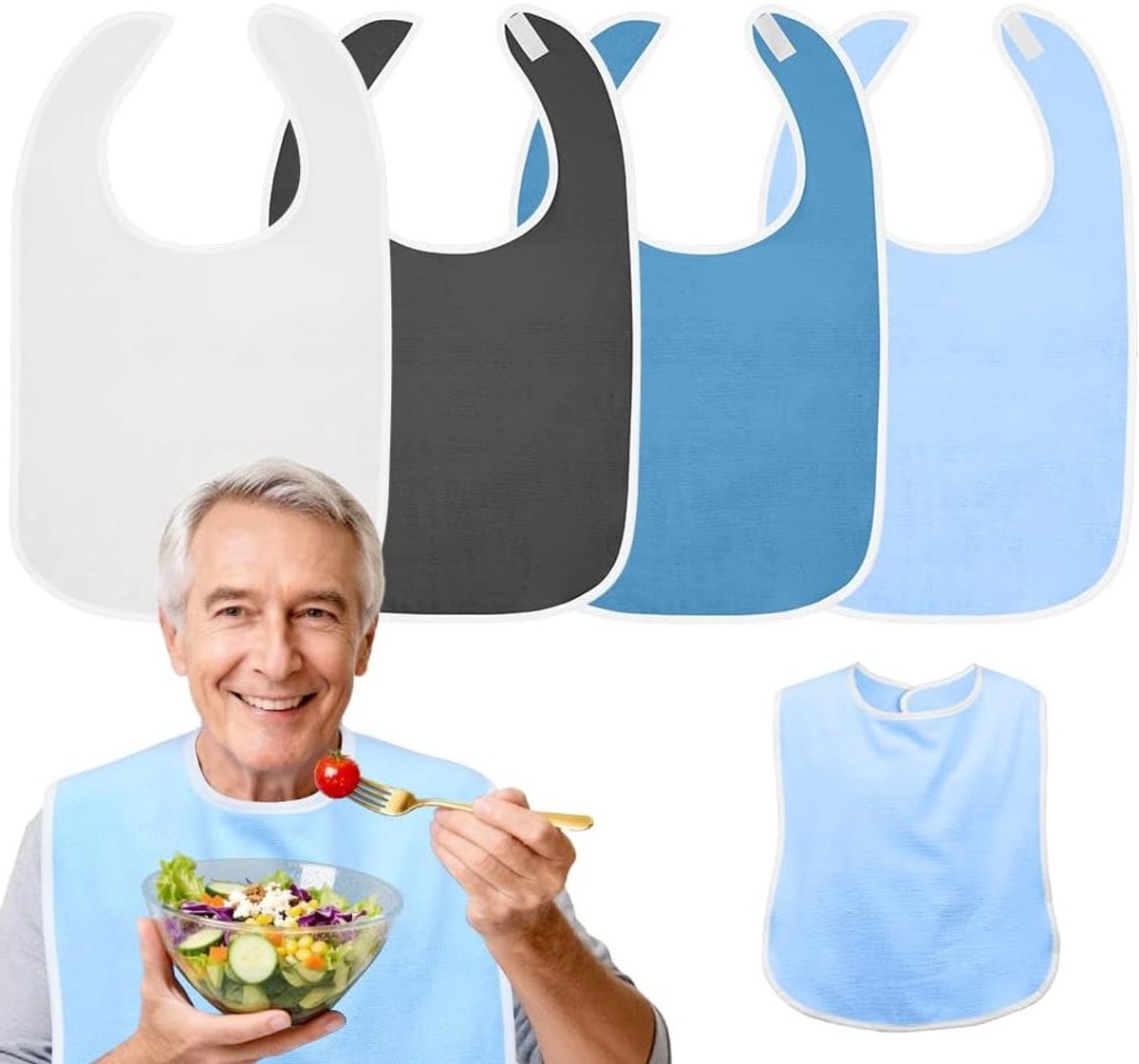 Wasbare en herbruikbare slabbetjes voor volwassenen, verstelbare en comfortabele bescherming voor eten, ideaal voor senioren en mensen met een beperking, 4 stuks