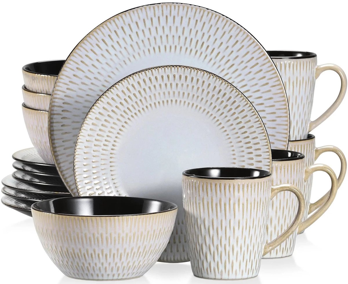 CINK Living® Luxe Serviesset 16-delig – Stoneware Dinner Set – Beige/Goud – 4 Personen – Inclusief Borden, Kommen & Mokken – Vaatwasserbestendig